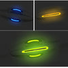 Three views of a carbon fiber reflective car door handle protector sticker in blue, yellow, and green.