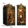 A detailed wooden book nook kit featuring an elaborate castle facade with intricate details and internal LED lighting.