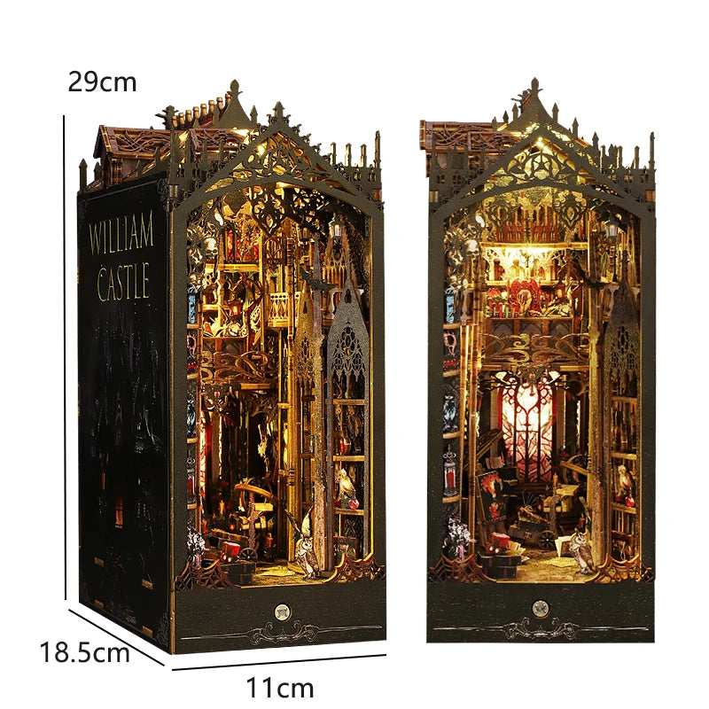 A detailed wooden book nook kit featuring an elaborate castle facade with intricate details and internal LED lighting.
