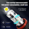 A close-up view of a silver LED fog light bulb with a yellow light beam, highlighting its features for fast startup and long 