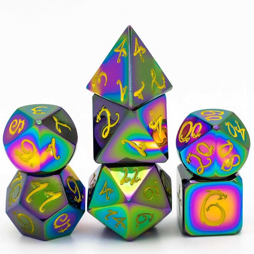 A set of seven metal polyhedral dice featuring a dragon font design in iridescent purple and green colors.