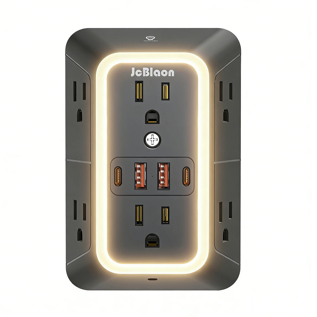 A gray wall charger outlet featuring a glowing light strip and multiple USB ports.