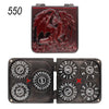 A rectangular red metal dice set with a dragon design and a black rectangular box containing seven metal dice.