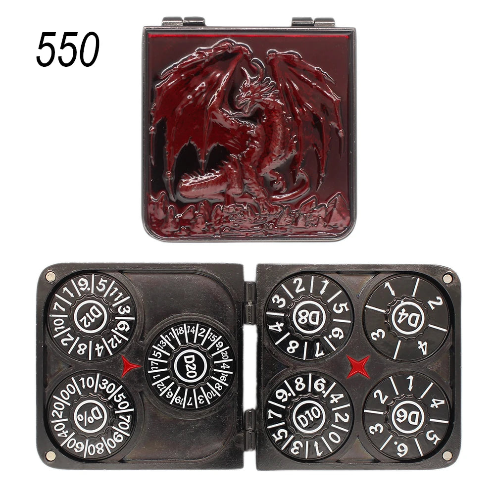 A rectangular red metal dice set with a dragon design and a black rectangular box containing seven metal dice.