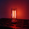 A glass light bulb with a warm filament glow sits on a metal tray.