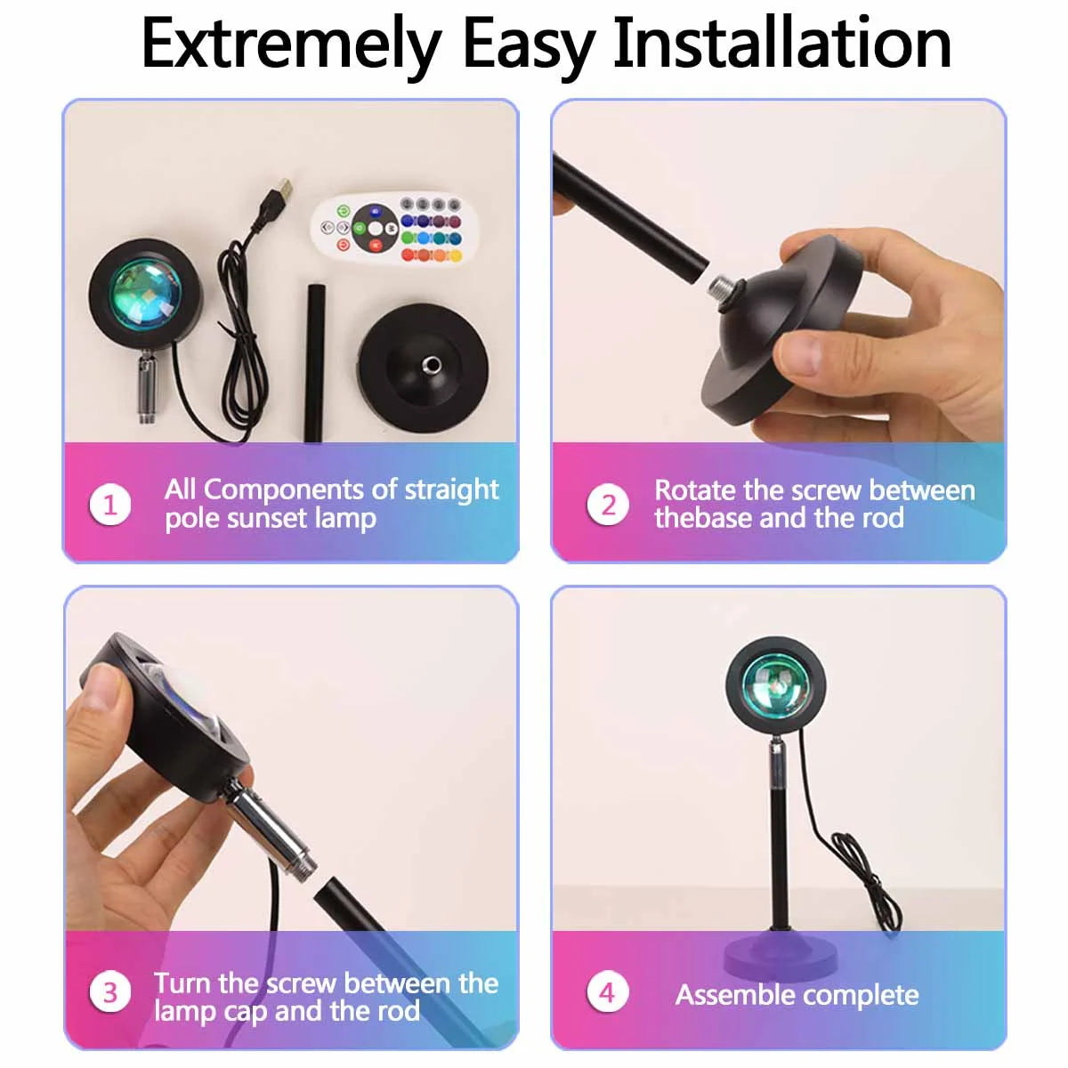 Instructions for easily installing a straight pole sunset lamp by rotating the screw between the base and the rod.