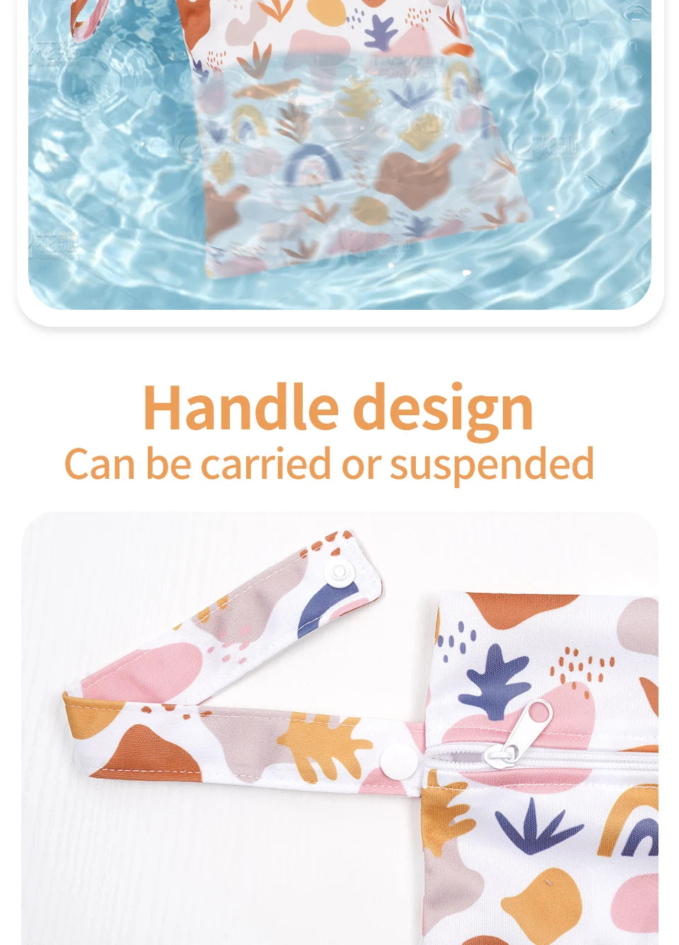 A reusable waterproof wet bag set featuring a patterned fabric and a handle design for carrying or suspending.
