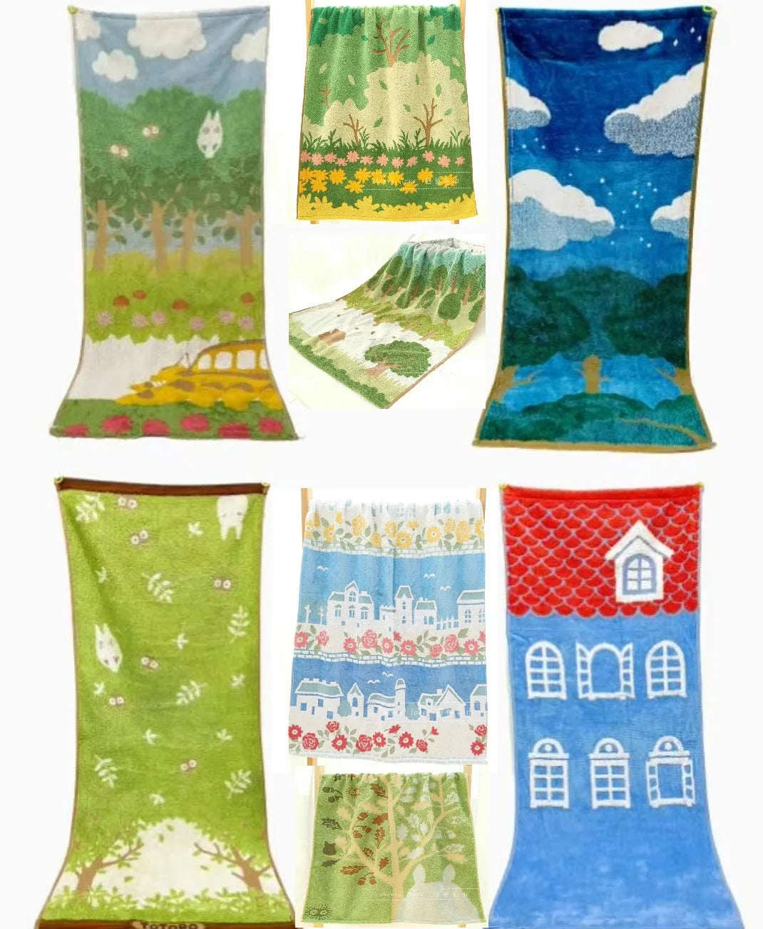 A collection of embroidered cartoon face towels featuring nature scenes, including forests, fields, and landscapes.