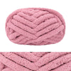 A ball of pink chunky chenille yarn used for hand knitting and crochet
