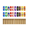 A collection of colorful juice and coffee cans used as pieces for a color-matching strategy puzzle game.