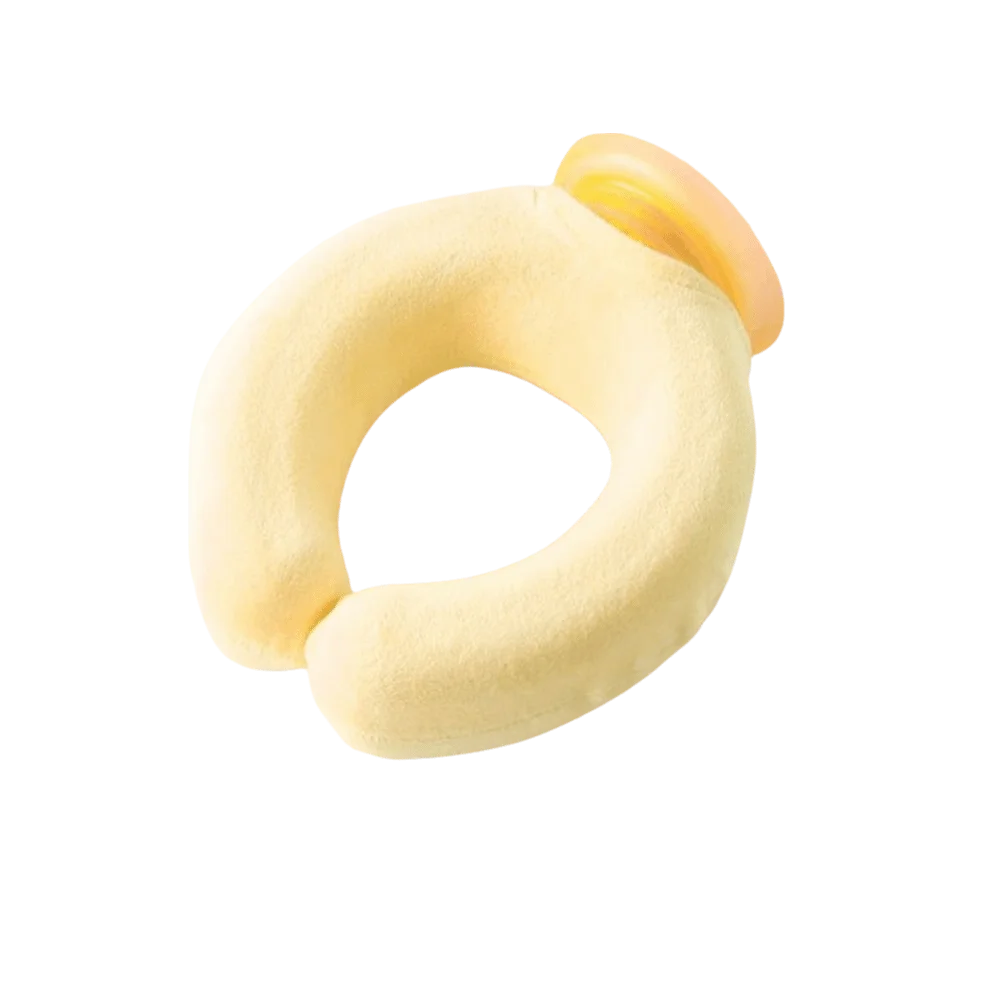 A yellow U-shaped reusable neck wrap for hot and cold therapy.