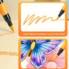 A set of 24-color dual-ended glitter pens demonstrating light brush strokes to outline lines and create colorful designs.