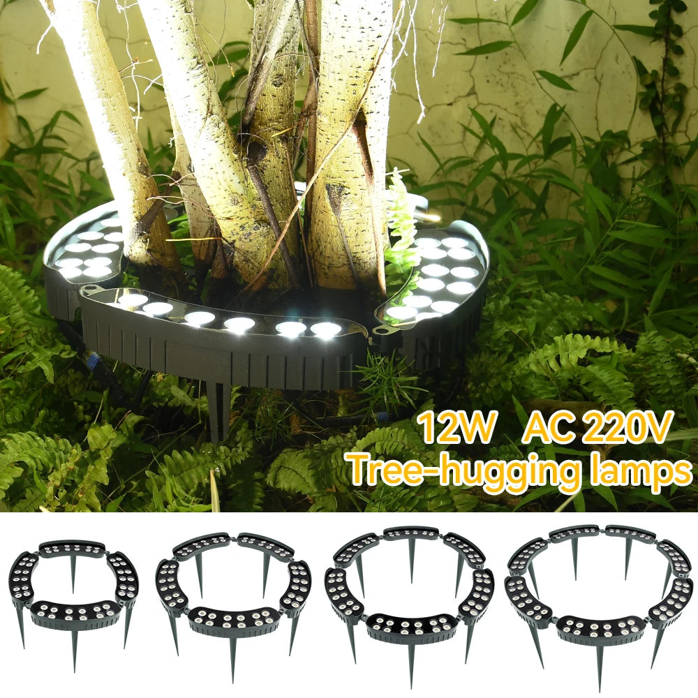 A set of tree-hugging LED garden lights with ground spikes illuminating a plant in a natural setting.