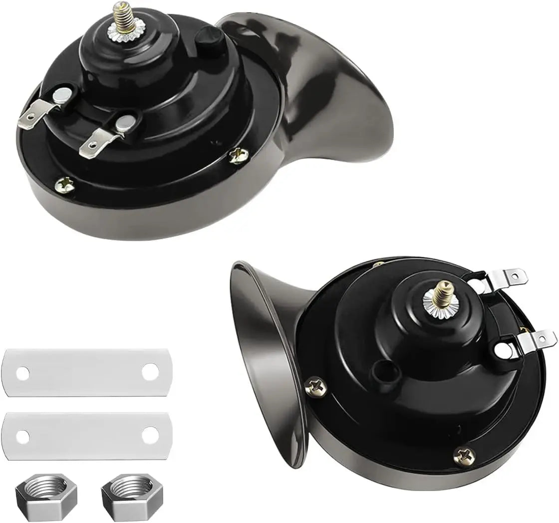 Black 12V waterproof electric train horn with mounting hardware and replacement parts