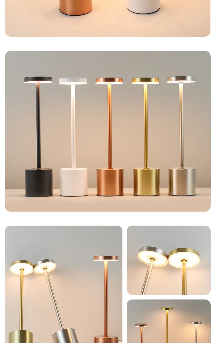 A row of six modern table lamps with varying metallic finishes and white stems displayed on a light gray surface.