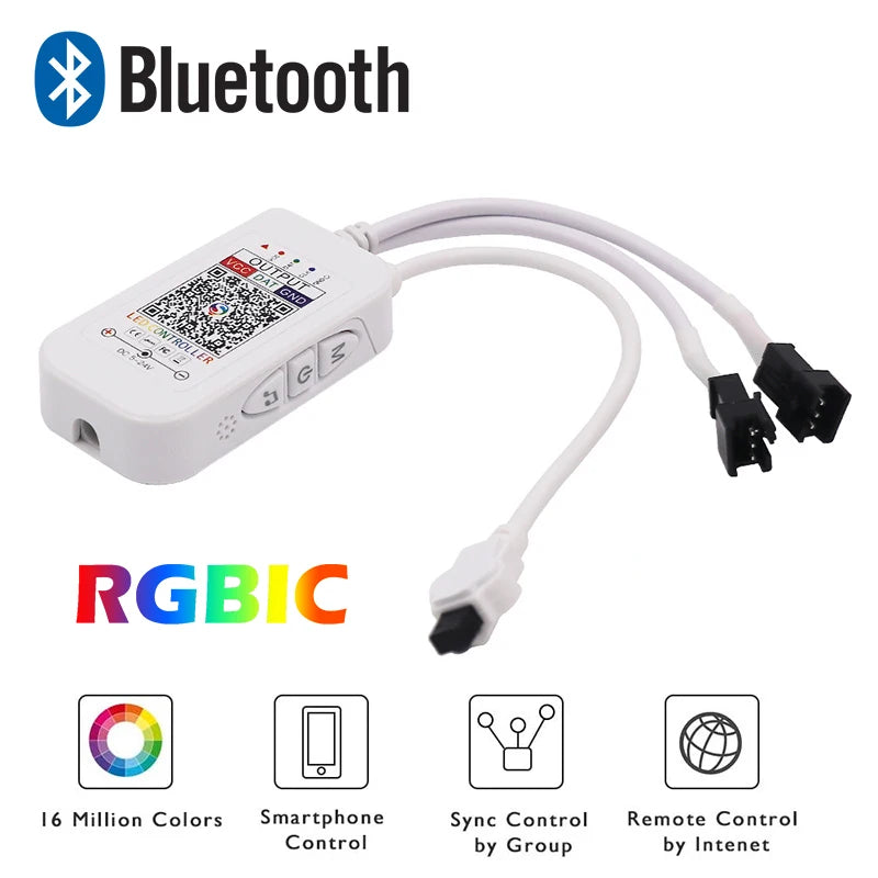 White Bluetooth LED strip controller with a cable and remote control for device operation