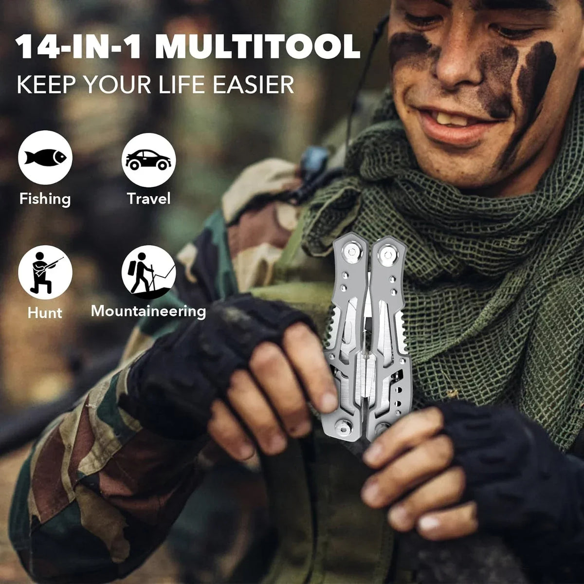14-in-1 Folding Multi-Tool with Stainless Steel Pliers