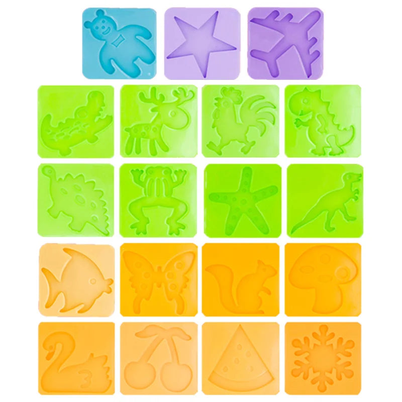 A collection of plastic stamps and molds in various colors featuring animals, shapes, and seasonal items for a DIY craft kit.