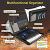 A black multifunctional organizer featuring 26 pockets, including zipper pockets, pen holders, and mesh bags for files.