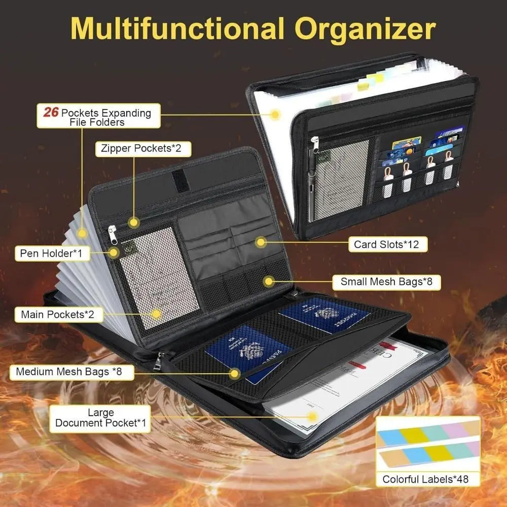 A black multifunctional organizer featuring 26 pockets, including zipper pockets, pen holders, and mesh bags for files.