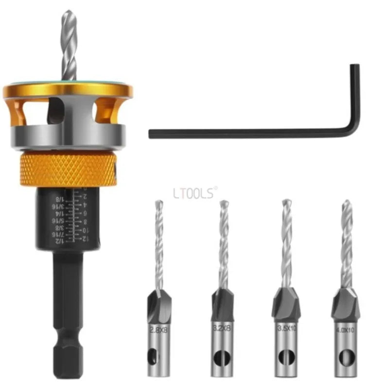 A set of adjustable depth countersink drill bits for wood screws, including a driver and various sizes.