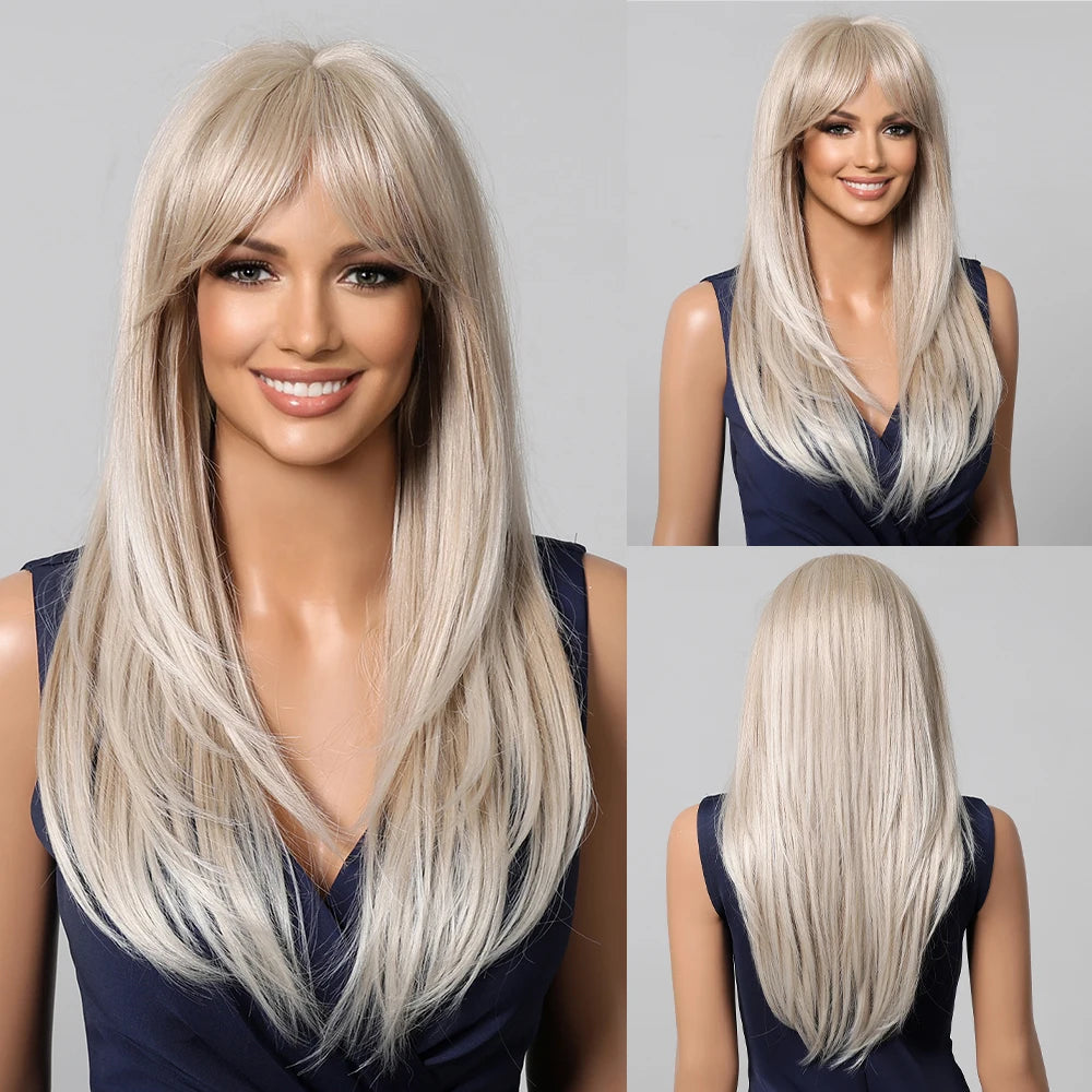Rose Gold Layered Straight Wig with Bangs