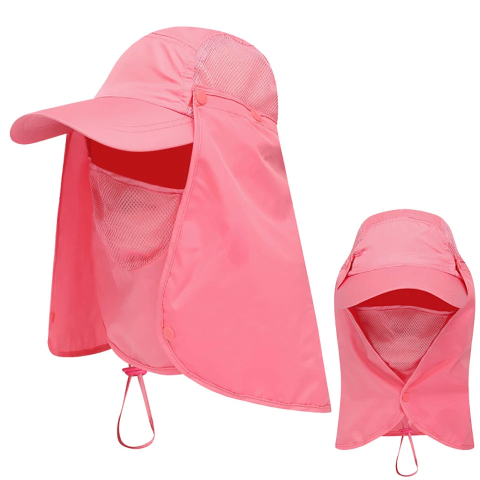 Pink UPF 50+ breathable wide brim sun hat for men and women shown in a folded state