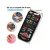 A black portable sewing kit case containing various tools like needles, scissors, and measuring devices.