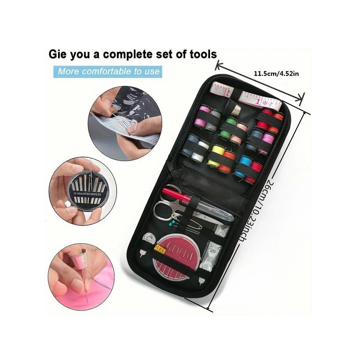A black portable sewing kit case containing various tools like needles, scissors, and measuring devices.