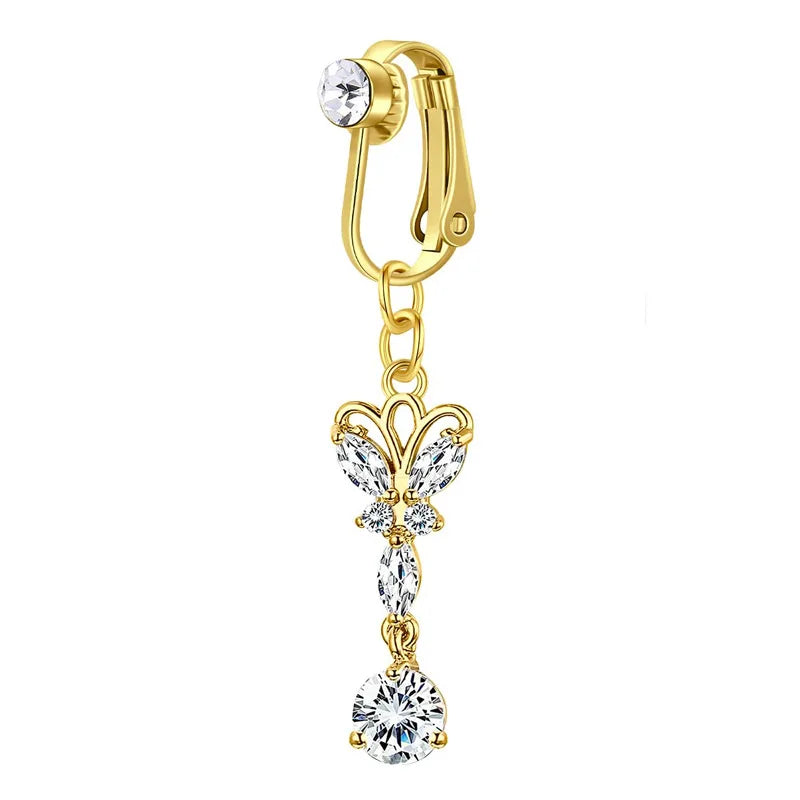 Anillo de ombligo tipo mariposa dorado con piedra de circonita rosa.