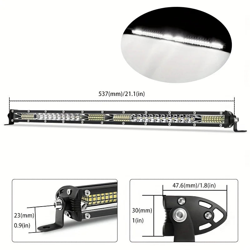 Eine leistungsstarke LED-Lichtleiste für Geländefahrzeuge in verschiedenen Ansichten und Dimensionen.