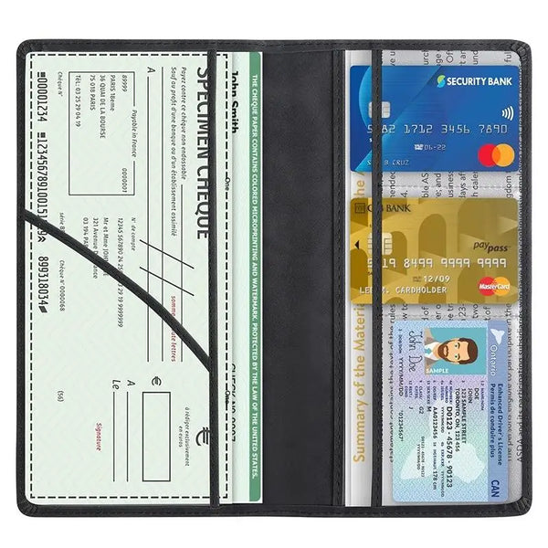 A black slim card holder displaying various documents and cards like a security bank card and a passport.