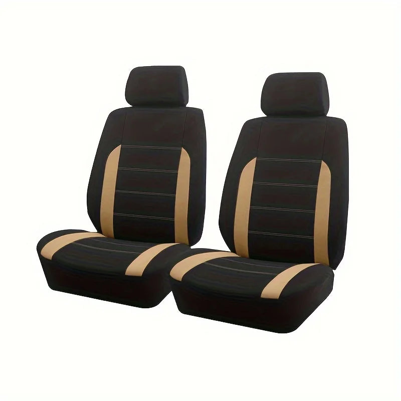 A set of black and tan two-tone car seat covers featuring padded headrests and seat cushions.