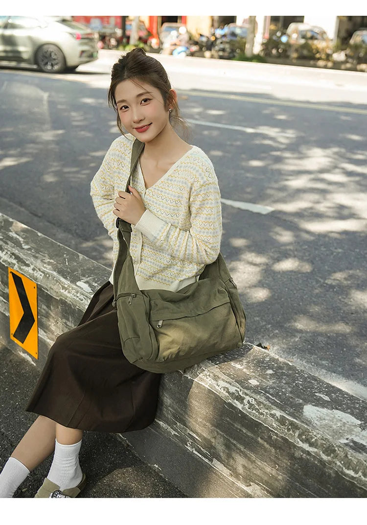 Cotton Canvas Crossbody Bag with Large Capacity