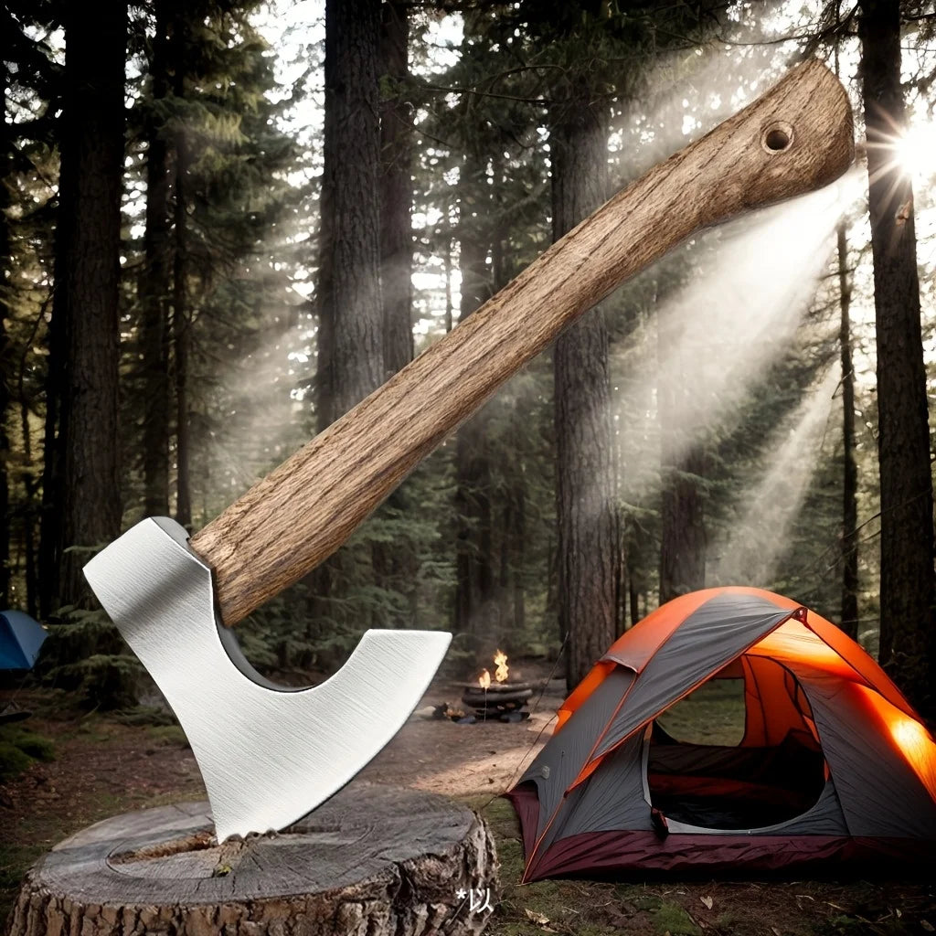 A hand-forged Viking tomahawk axe resting on a log next to an orange tent in a forest setting.