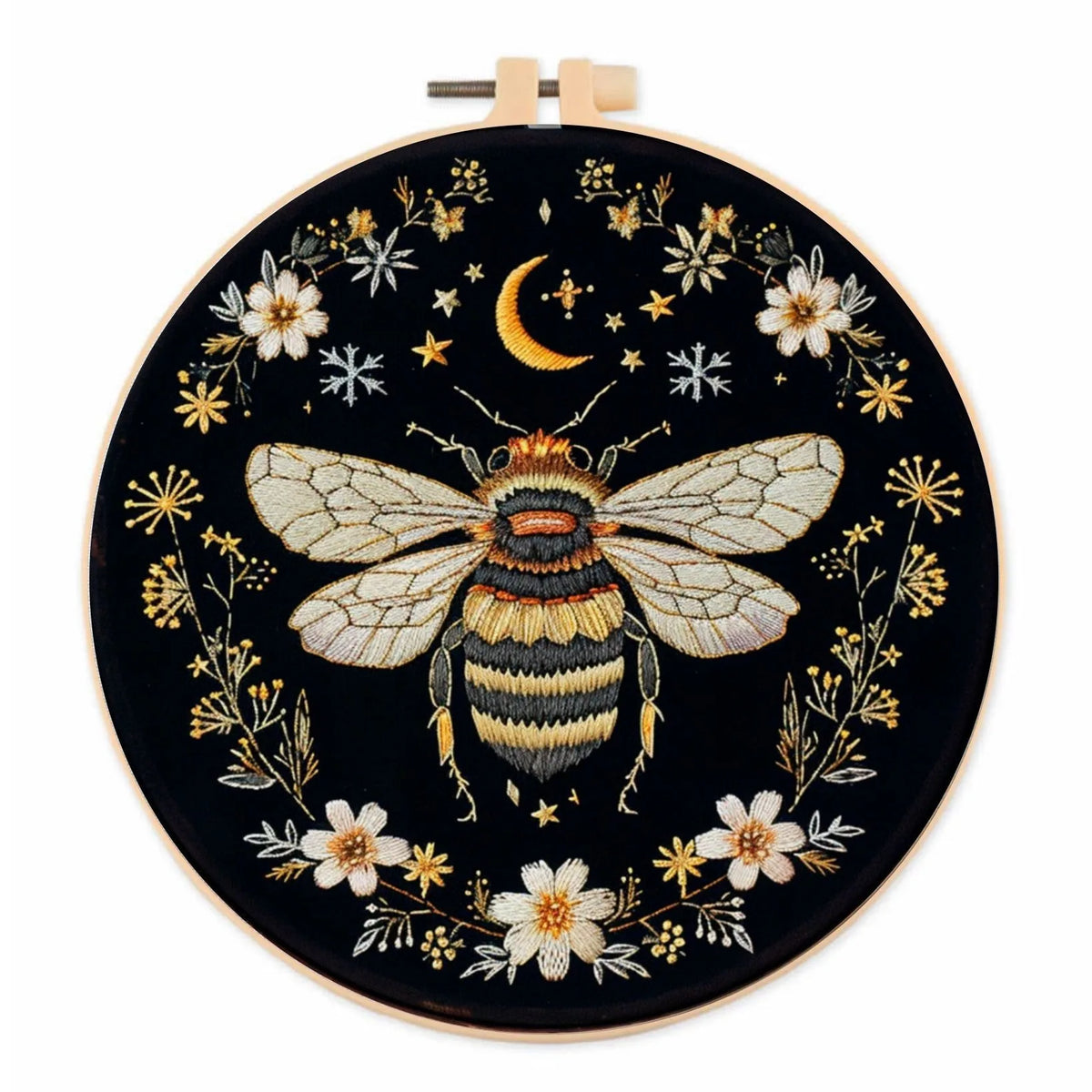 DIY embroidery kit featuring a golden butterfly and silver moon design on a black fabric