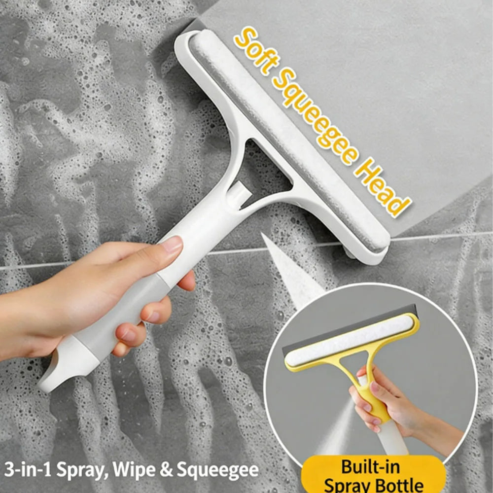 A hand is using a white 3-in-1 spray, wipe, and squeegee tool with a yellow spray bottle on a window surface.
