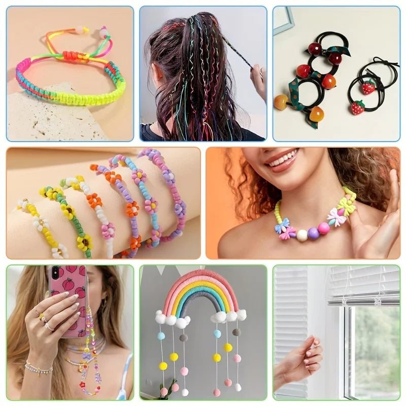 Assortment of colorful rainbow elastic cords and beads used for jewelry making.