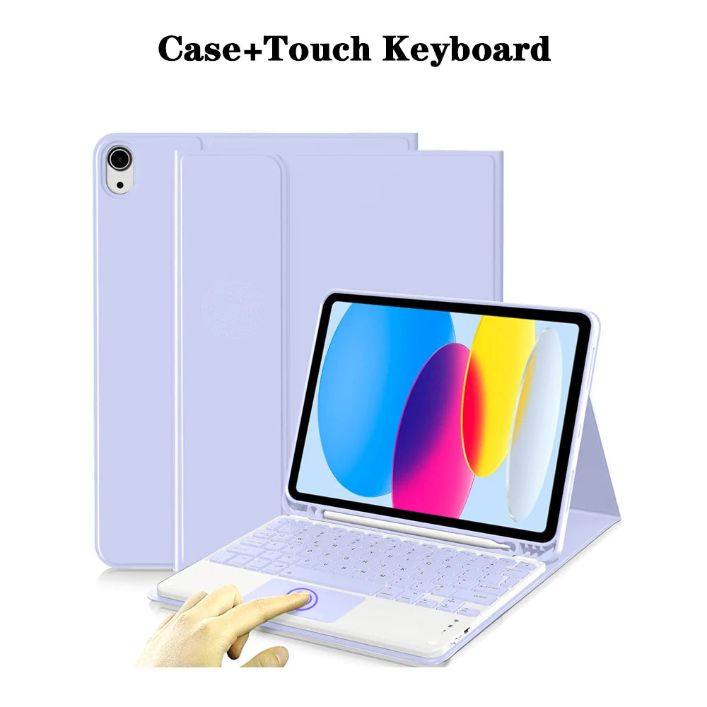 A purple case with a detachable wireless keyboard is shown next to an iPad.
