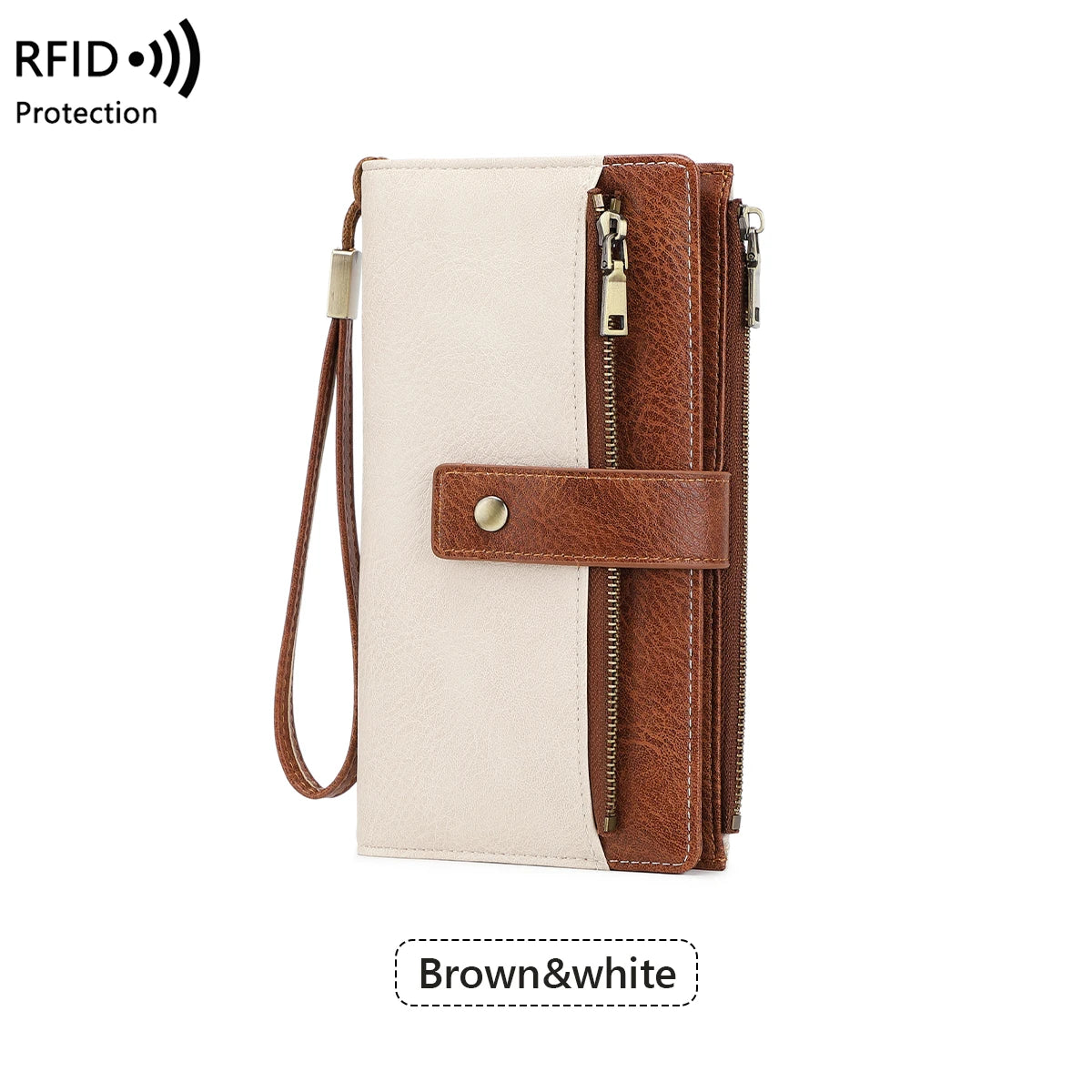 A brown and white leather bifold wallet with a zip-around closure and wristlet strap.