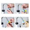 Hands demonstrate the installation and use of a universal faucet water filter with a splash-proof spray head.