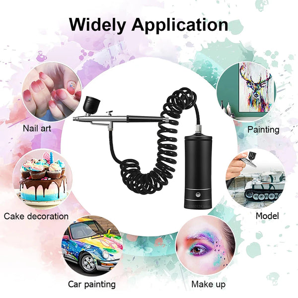 Portable wireless airbrush kit with compressor demonstrating various applications like nail art, cake decoration, car paintin
