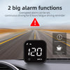 A black GPS head-up display showing 120 km/h speed, with text describing overspeed and fatigue driving alarms.