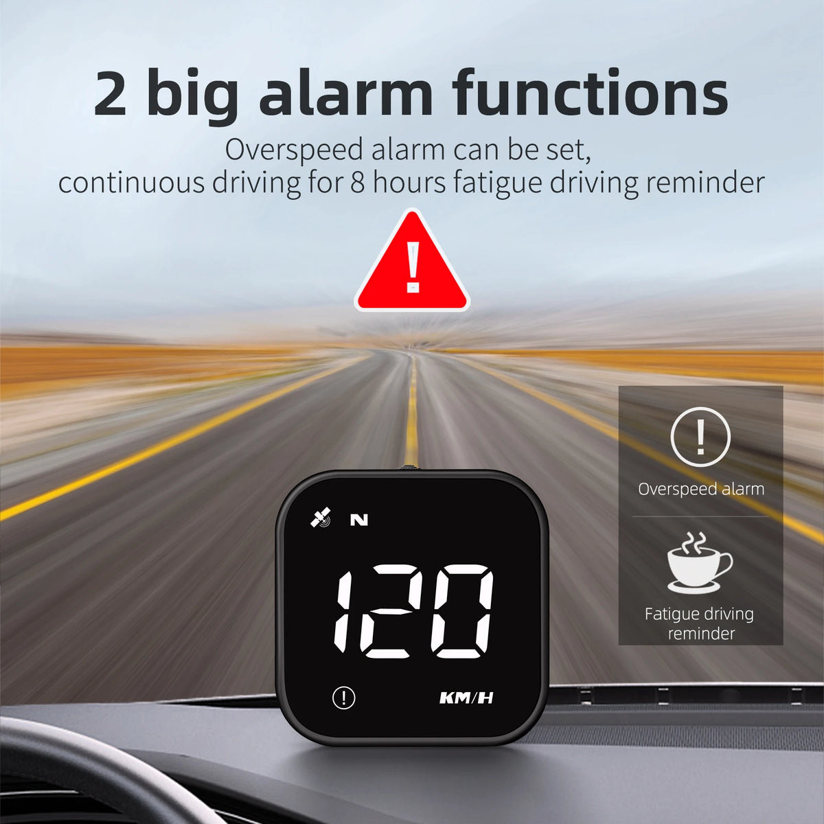 A black GPS head-up display showing 120 km/h speed, with text describing overspeed and fatigue driving alarms.