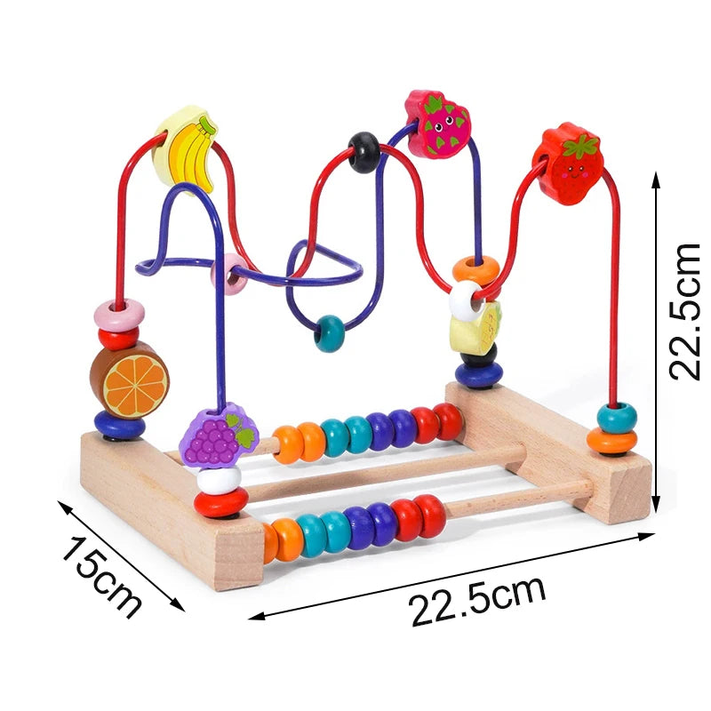 A wooden bead maze toy featuring colorful beads and strings for toddlers.