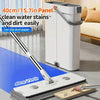 A white ultra-slim flat mop and bucket set with a cleaning pad is shown on a blue mat.
