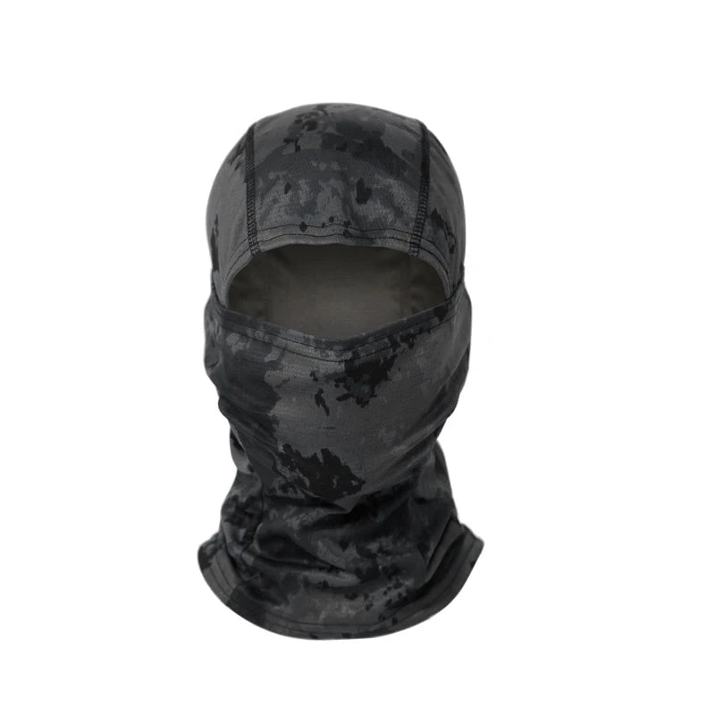 A dark gray stretchy breathable balaclava cap worn on a head.