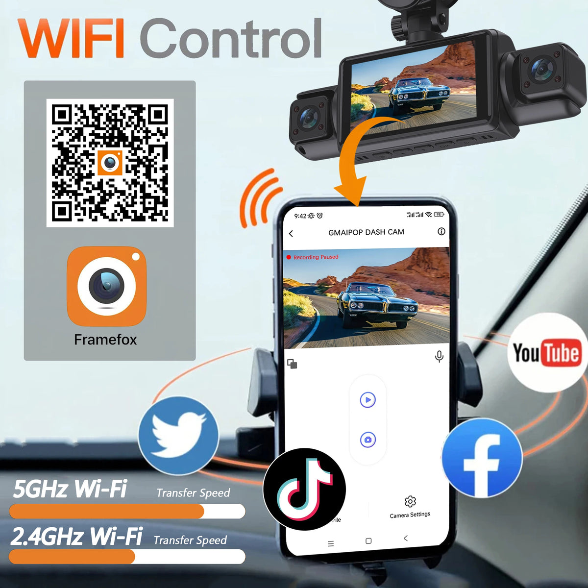 A mobile phone displays a connection setup for a WiFi dash cam, showing QR code and app icons.