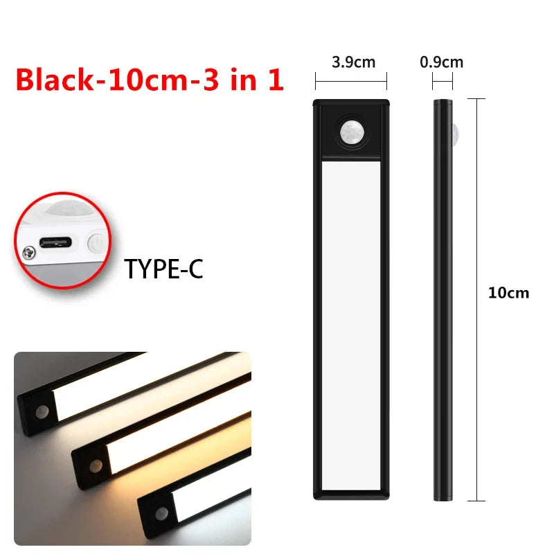 Black rechargeable LED motion sensor light with Type-C connection shown in various angles.