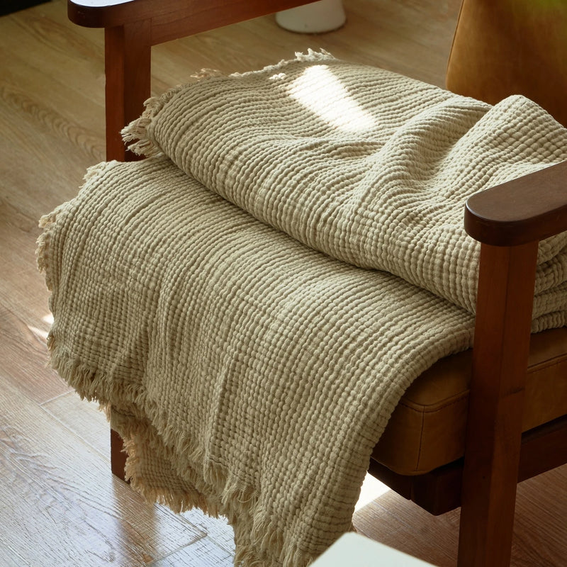 Four-Layer Cotton Gauze Throw Blanket with Tassel Trim